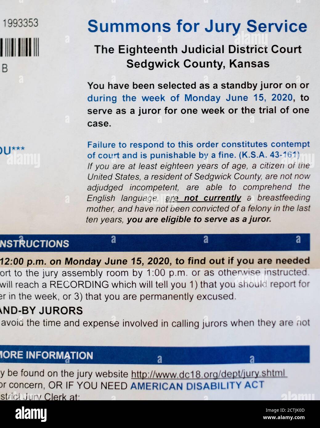 Lettre officielle d'assignation à jury du comté de Sedgwick, Kansas, États-Unis. Banque D'Images