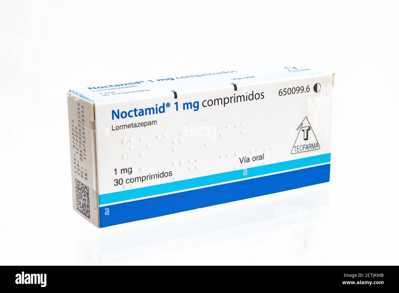 Huelva, Espagne-septembre 23,2020 : Noctamide de marque Lormetazepam du laboratoire Teofarma. Lormetazepam est considéré comme une benzodiazépine hypnotique et est éteint Banque D'Images