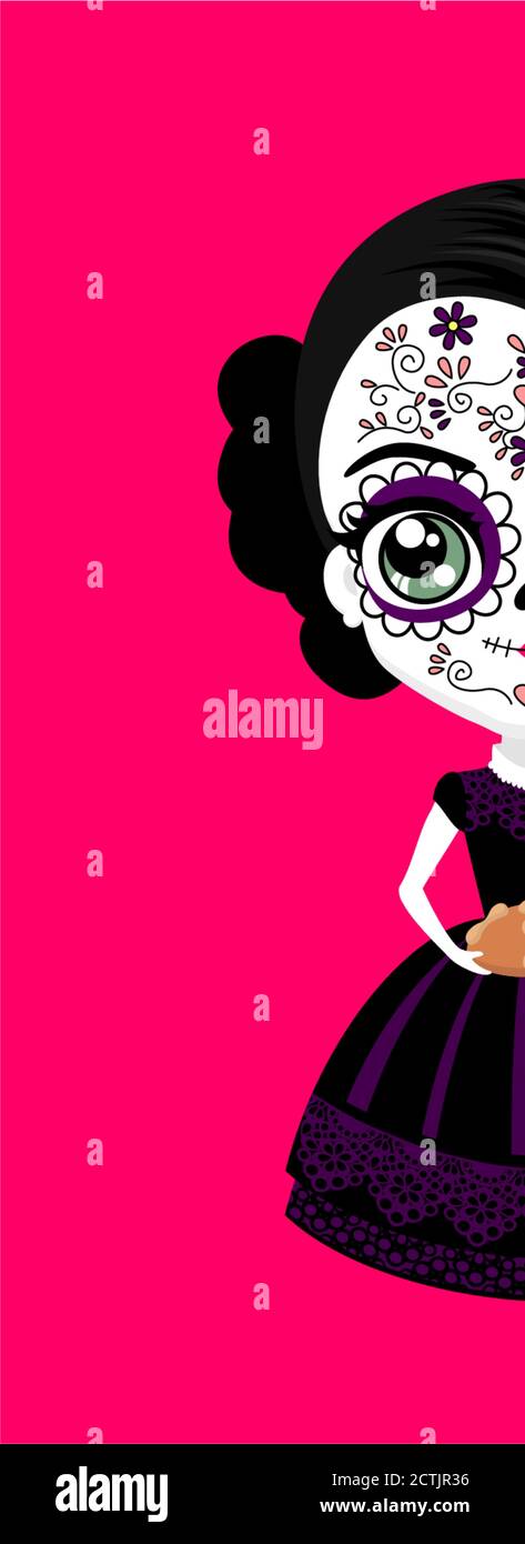 jolie poupée mexicaine de catrina avec un crâne de sucre traditionnel pour la fête de dia de muertos et les fleurs de cempasuchil (aztec marigold). tenue d'une trad Illustration de Vecteur