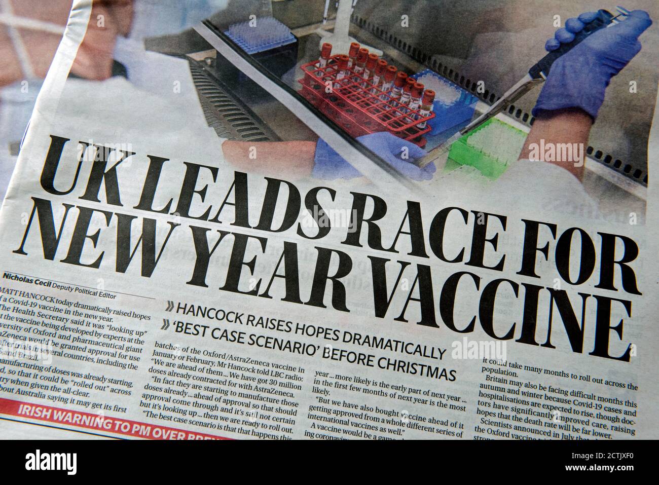 Evening Standard newspaper Headline lundi 7 septembre 2020 - le Royaume-Uni mène la course pour le vaccin de la nouvelle année - à vacciner contre le coronavirus, Corvid19 Banque D'Images