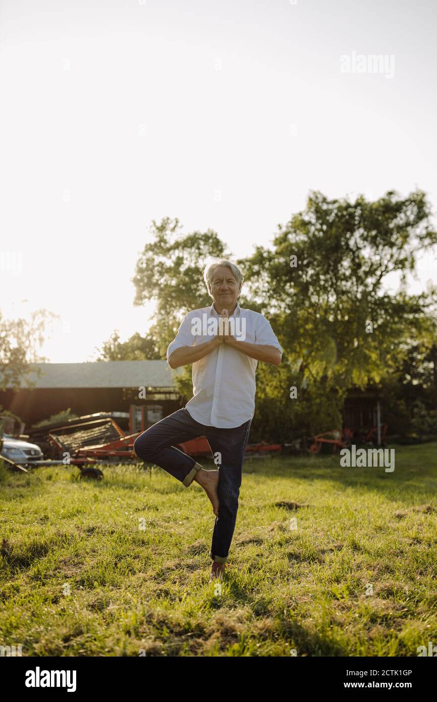 Homme faisant du yoga sur une jambe contre le ciel clair dedans cour Banque D'Images