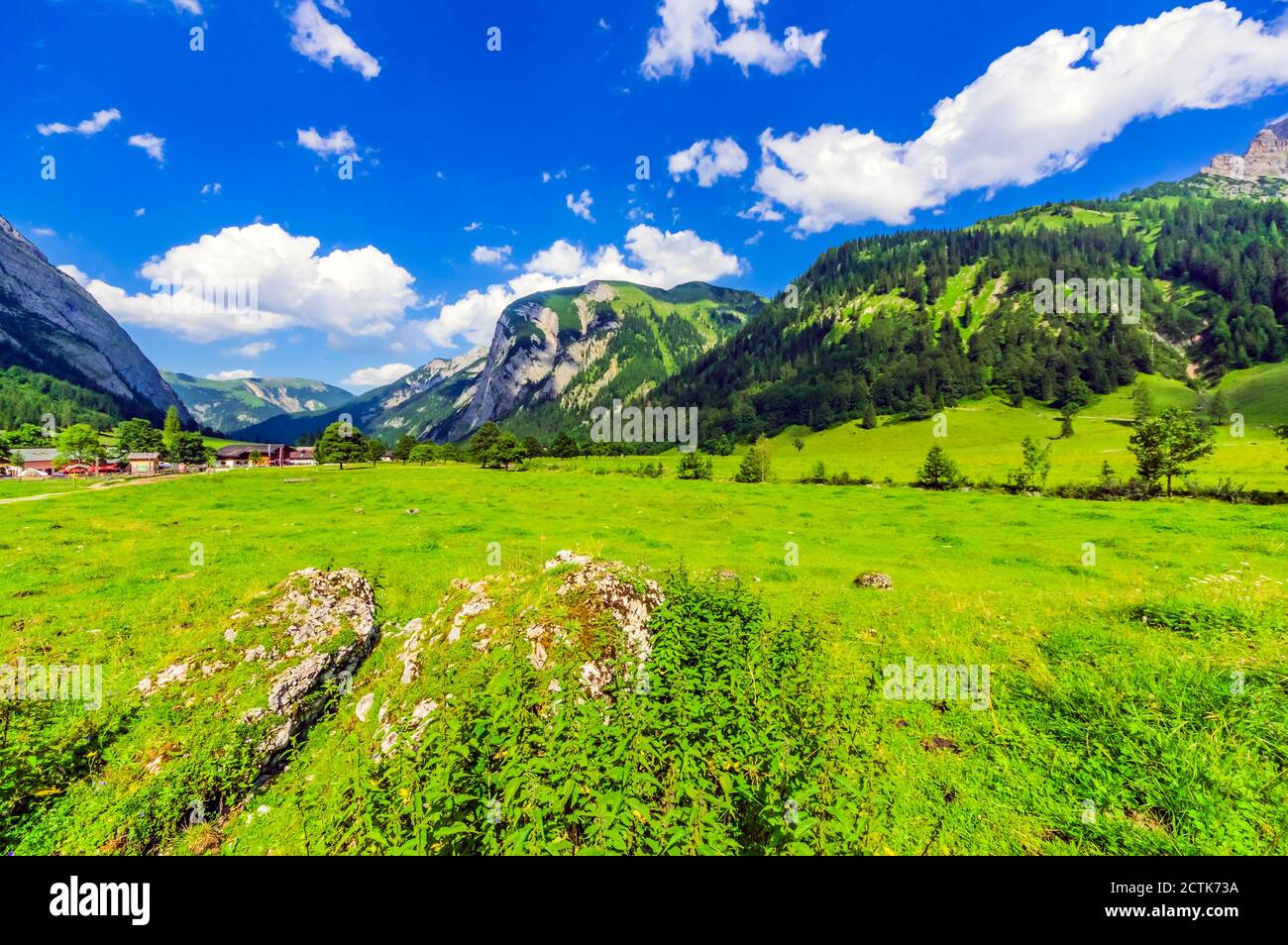 Autriche, Tyrol, Vomp, vue panoramique sur la vallée verte de l'auberge en été avec village en arrière-plan Banque D'Images