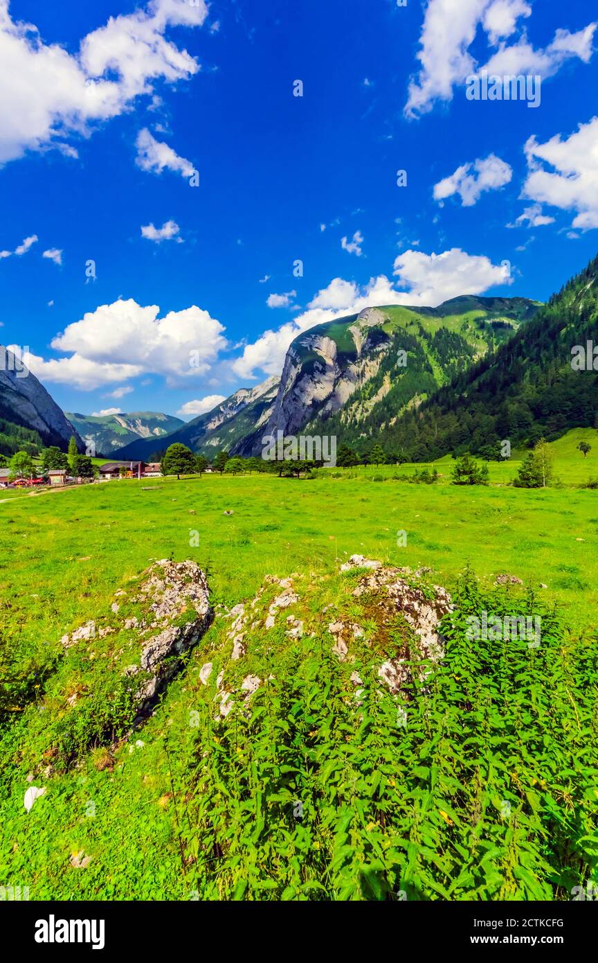 Autriche, Tyrol, Vomp, vue panoramique sur la vallée verte de l'auberge en été avec village en arrière-plan Banque D'Images