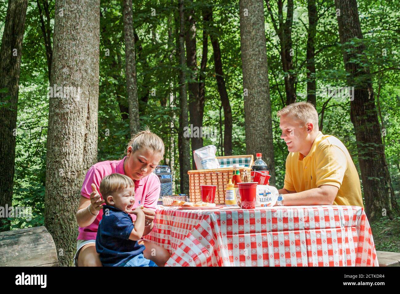 Tennessee Great Smoky Mountains National Park, famille familles mère père enfants table de pique-nique manger nature cadre naturel, Banque D'Images