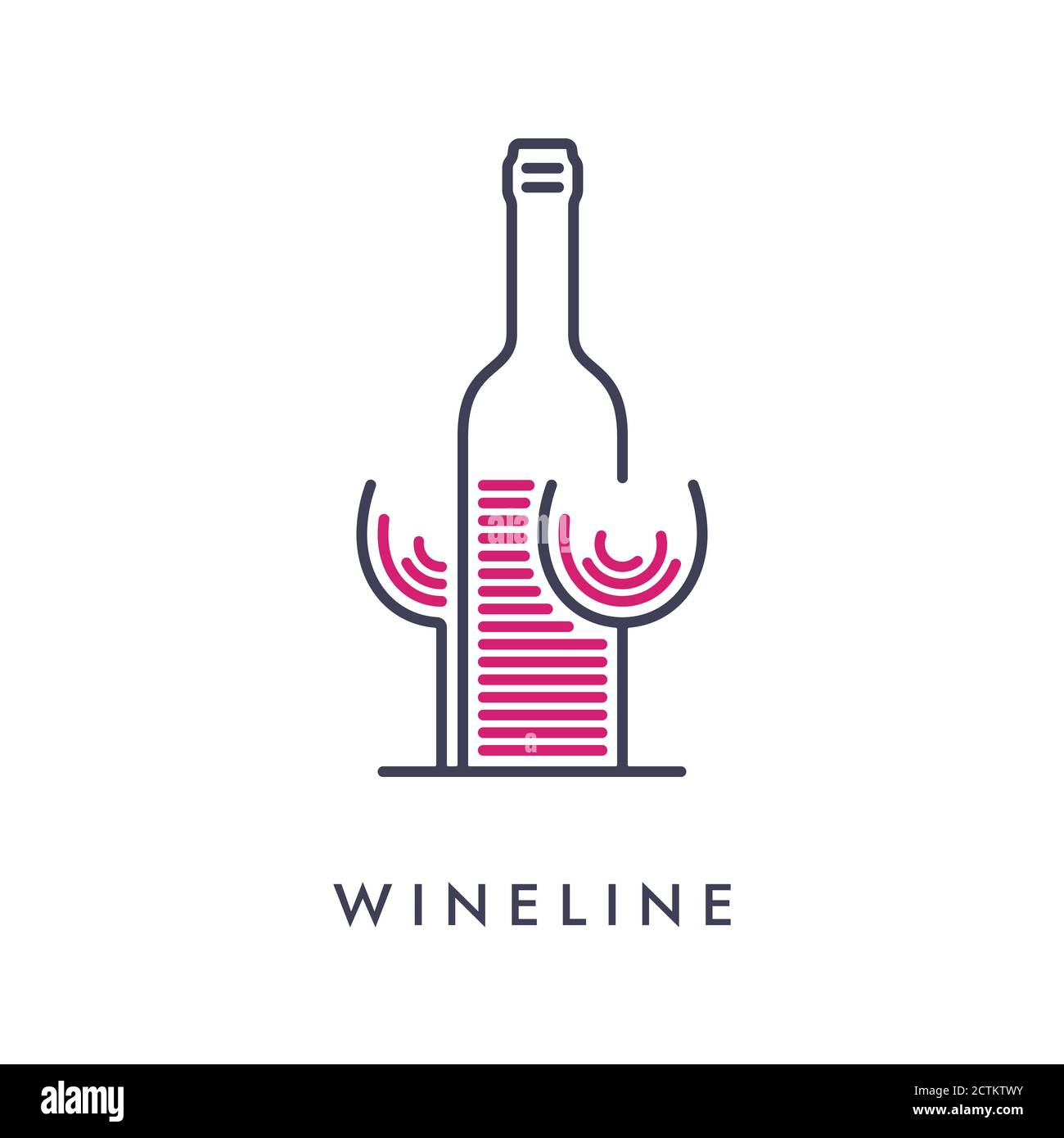 Icône de bouteille et de verre de vin minimale sur une ligne. Concept de boissons abstrait. Illustration de Vecteur