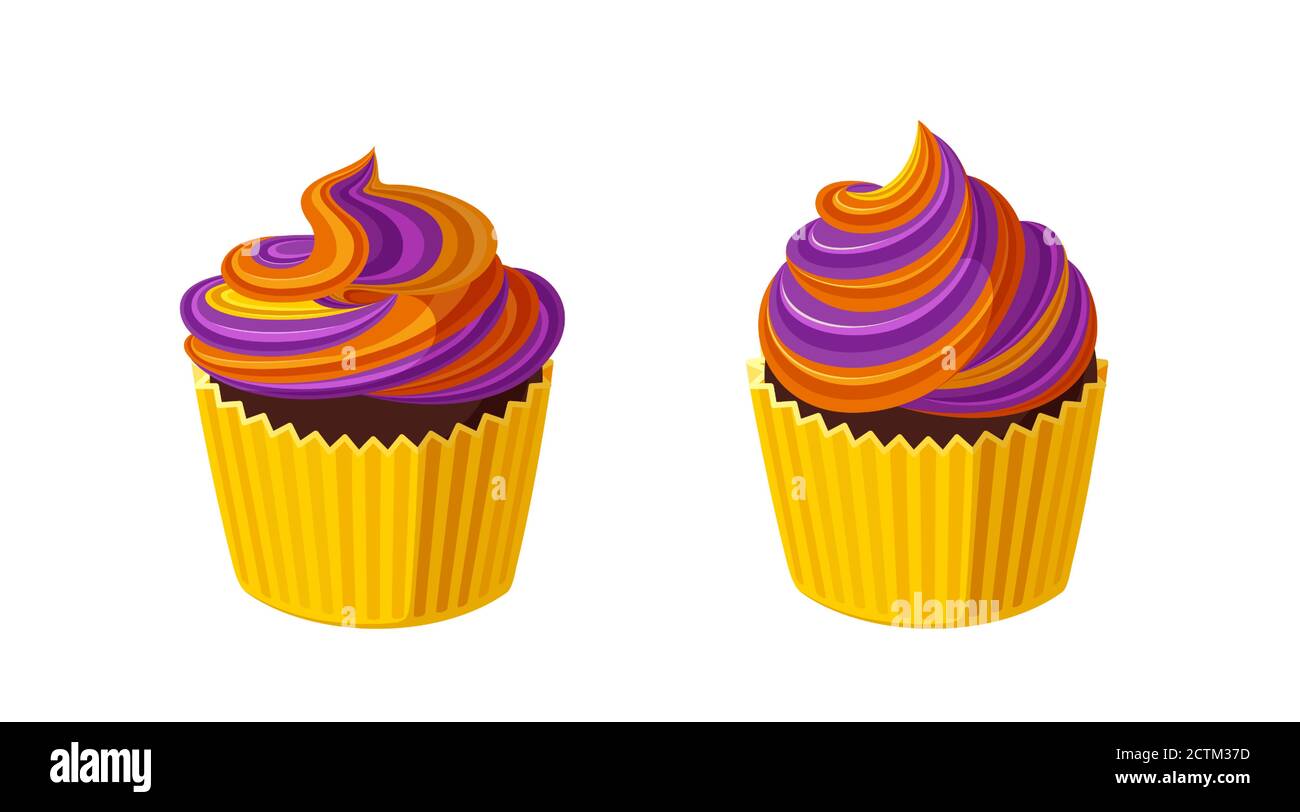 Petits gâteaux d'Halloween avec glaçage tourbillonnant. Muffins avec glaçage violet et orange pour la fête d'Halloween. Illustration vectorielle dans un joli style de dessin animé Illustration de Vecteur