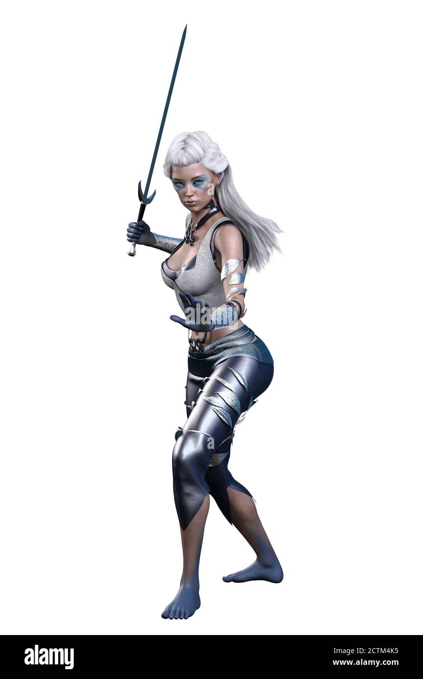Femme Archer Elf caucasien avec noeud et flèche sur fond blanc isolé, illustration 3D, rendu 3D Banque D'Images