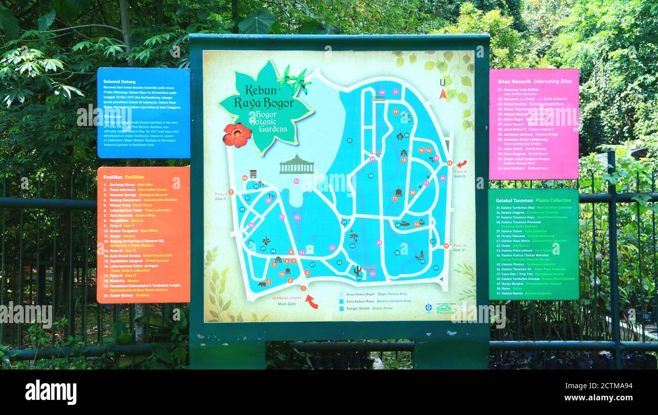 Bogor, Indonésie - 20 octobre 2019 : carte des jardins botaniques de Bogor (Kebun Raya Bogor) à Java Ouest. Banque D'Images