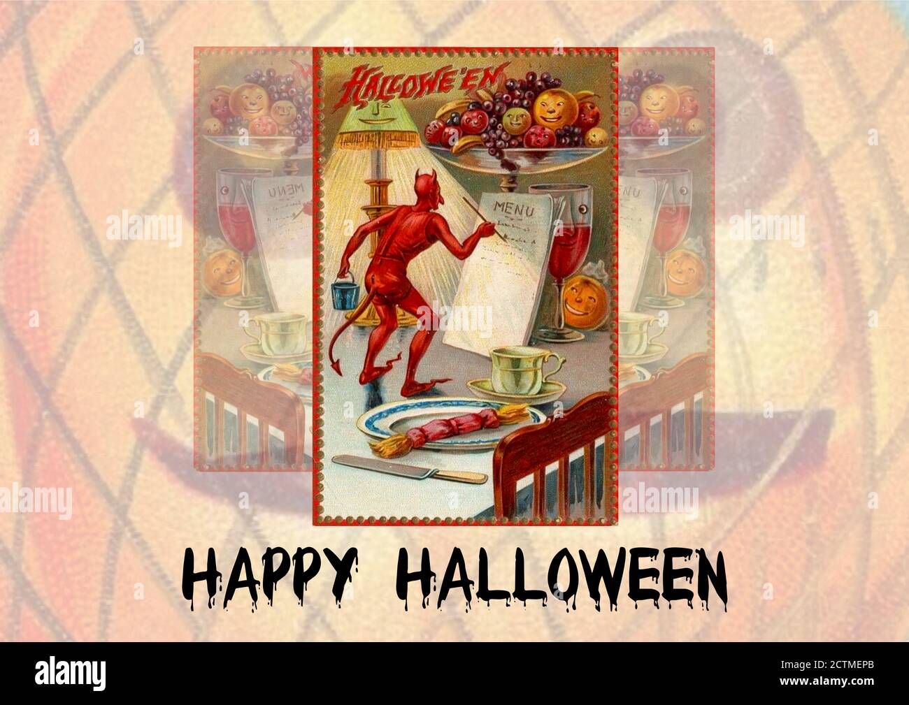 Vintage halloween design - Red Devil complète le menu pour la nourriture de fête d'halloween.Les citrouilles sont définitivement au menu. Banque D'Images