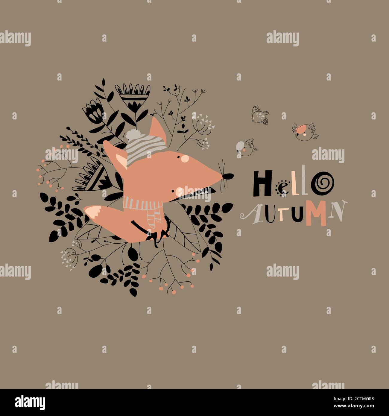 Dessin animé petit renard avec plantes et fleurs d'automne Illustration de Vecteur