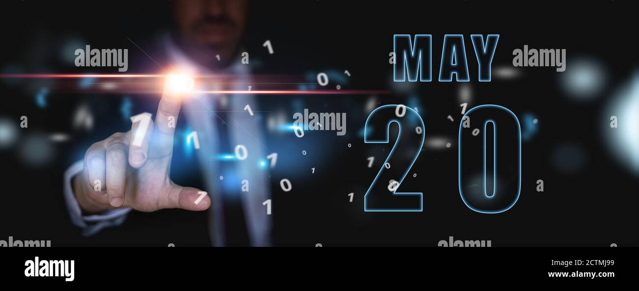 20 mai. Jour 20 du mois, publicité ou calendrier high-tech, homme en costume appuie sur le bouton virtuel lumineux printemps mois, jour de l'année concept. Banque D'Images