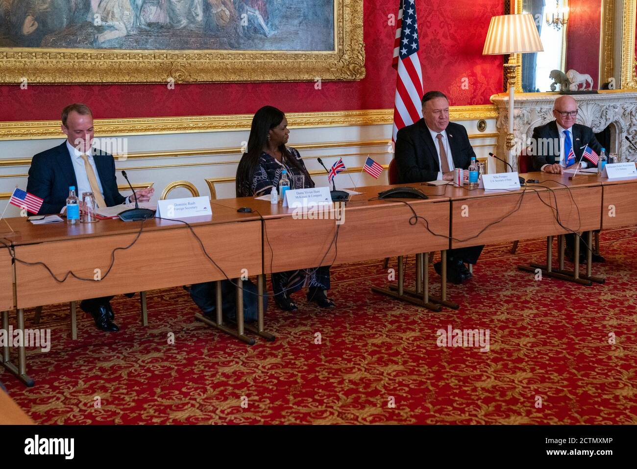 Le 21 juillet 2020, le secrétaire d'État Mike Pompeo a participé à une table ronde commerciale organisée par le Foreign and Commonwealth Office et le British American Business Council à Londres, au Royaume-Uni. Banque D'Images