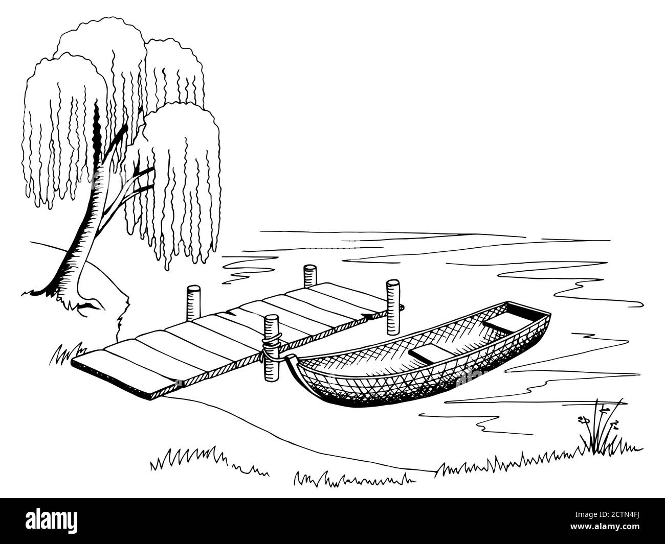 Bateau quai art graphique noir blanc paysage illustration vecteur Illustration de Vecteur