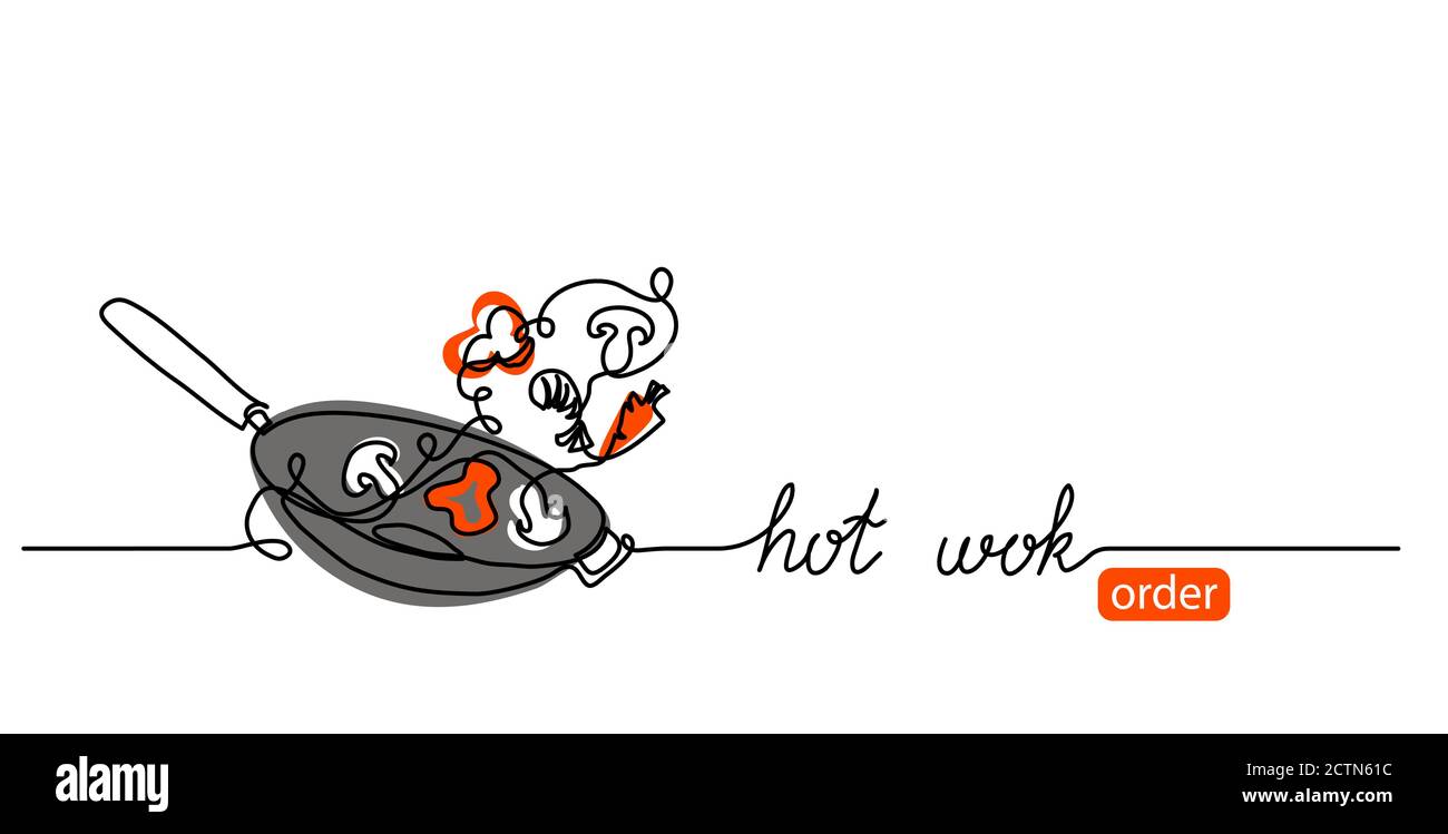 Hot wok Web vecteur minimaliste bannière, arrière-plan, affiche. Un dessin de ligne continue avec du texte Hot wok Illustration de Vecteur