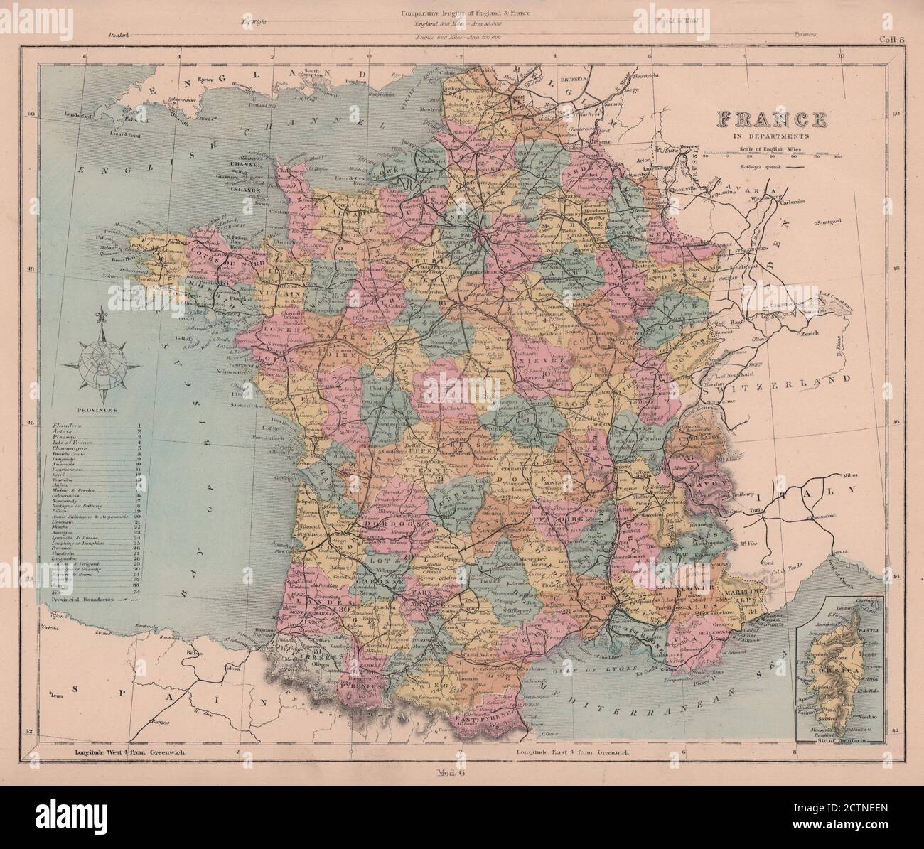 France dans les départements sans Alsace Lorraine. Inclut Genève. CARTE HUGHES 1876 Banque D'Images