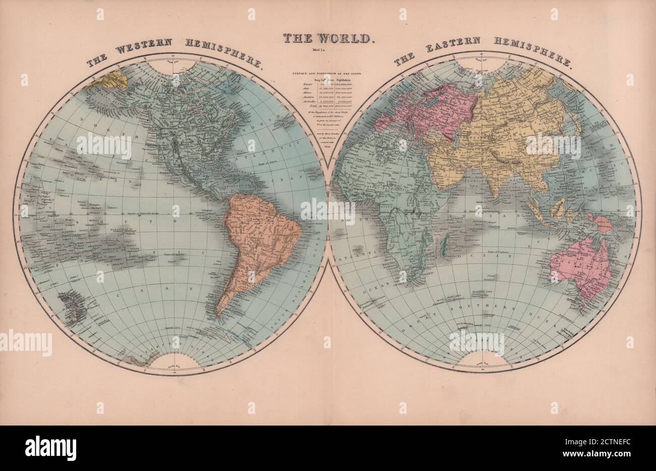 Le monde en deux hémisphères. CARTE HUGUES 1876 Old antique plan carte graphique Banque D'Images