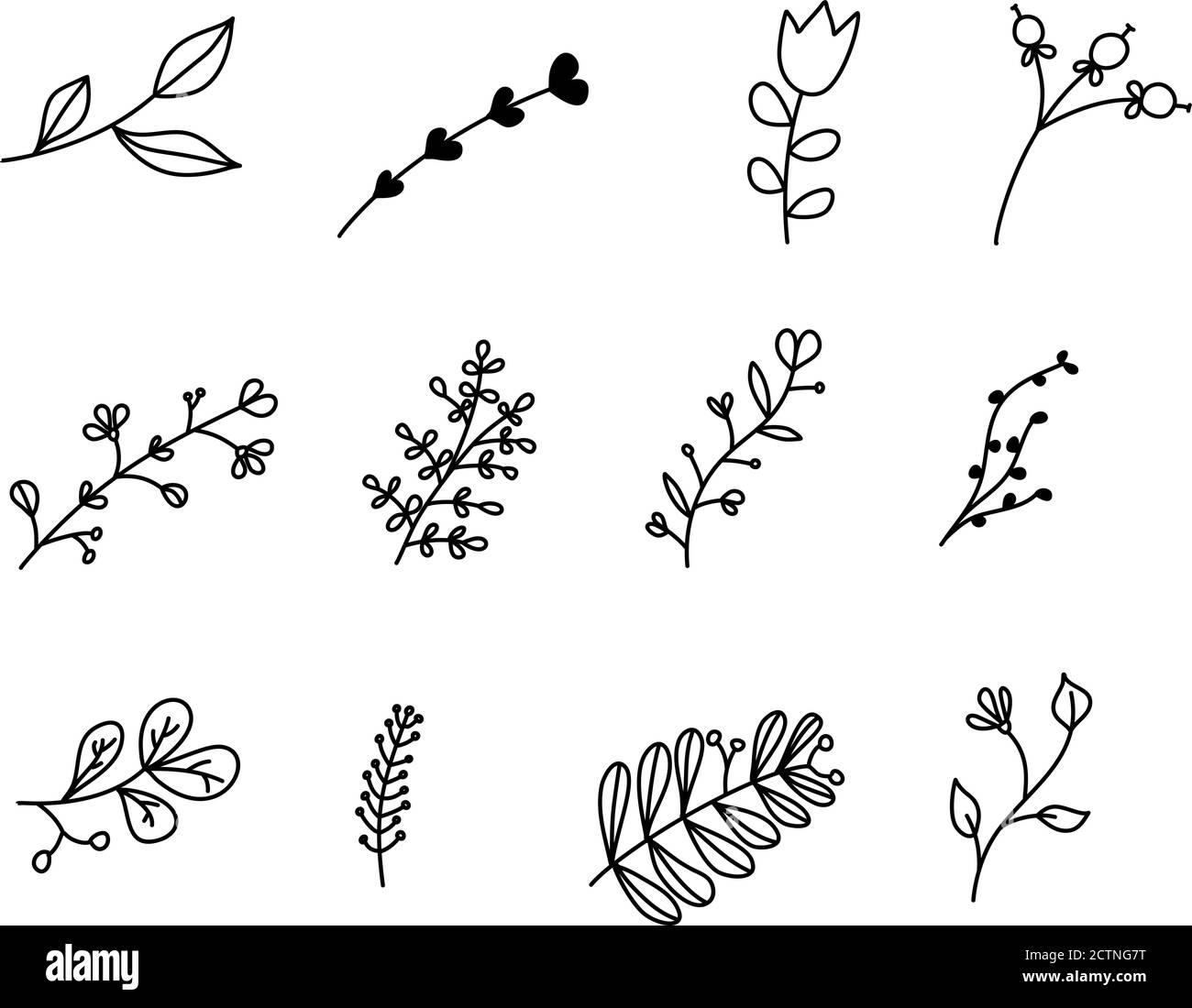Ensemble d'esquisses vectorielles et logo de gribouillages à lignes. Éléments de conception dessinés à la main fleurs isolées, feuilles, herbes pour la décoration imprimés, étiquettes, motifs Illustration de Vecteur