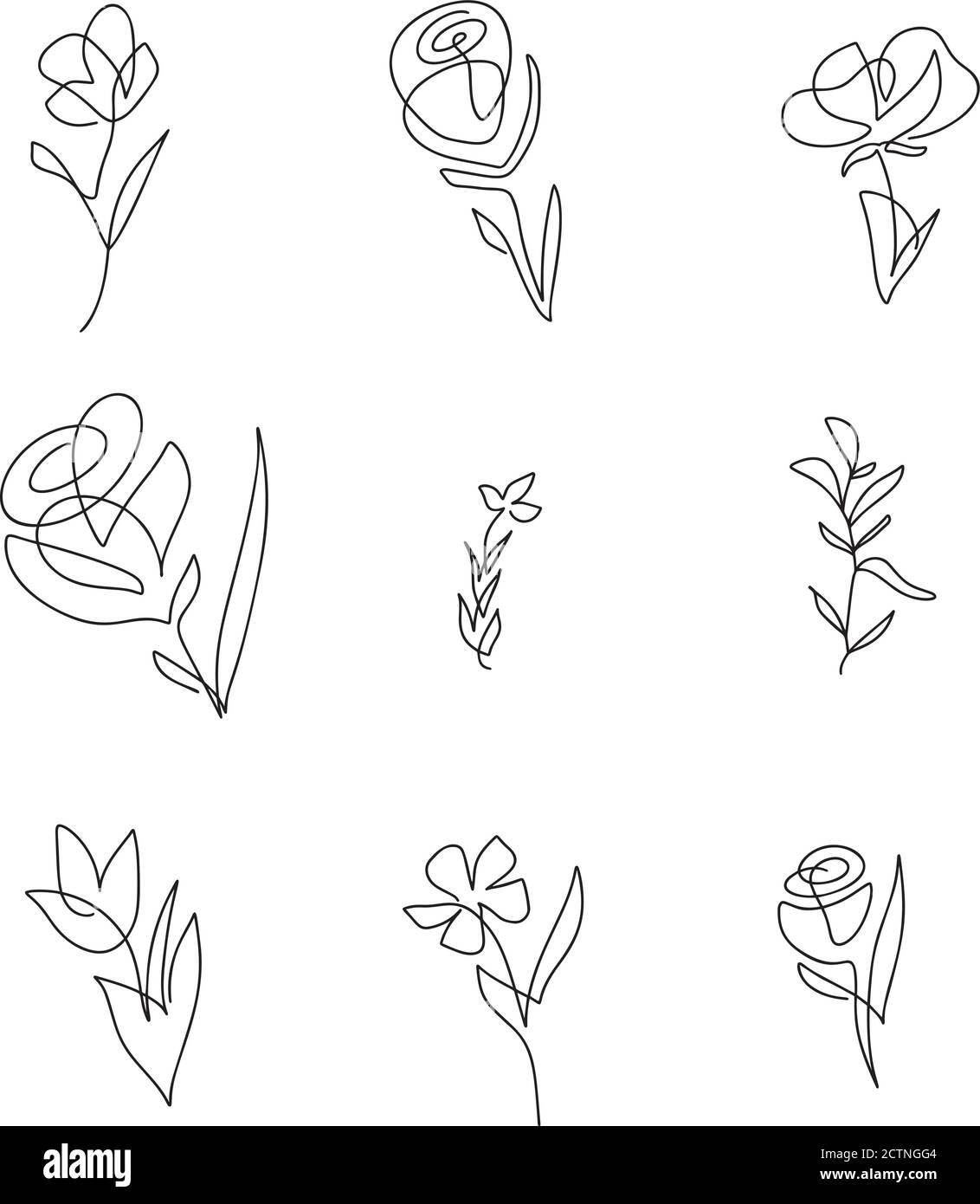Ensemble de fleurs vectorielles d'une ligne. Dessin au trait minimaliste.  Contour continu tracé à la main. Une ligne d'œuvres d'art pour un décor  élégant sur un mur ou une carte de vœux