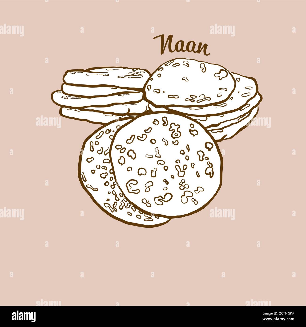 Illustration du pain de Naan dessinée à la main. Pain plat, généralement connu en Asie. Série de mises en plan vectorielles. Illustration de Vecteur