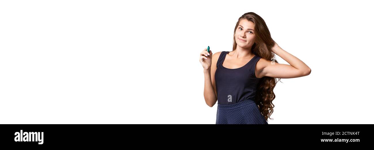 Professeur de dessin de style moderne isolé sur fond blanc. Joyeux portrait de femme Banque D'Images