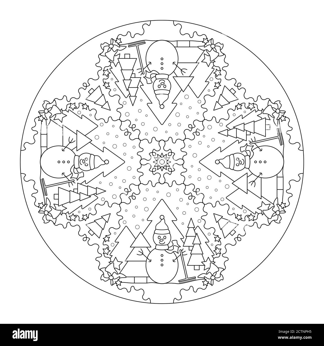 Mandala de Noël. Page de coloriage thème de noël. Bonhomme de neige et