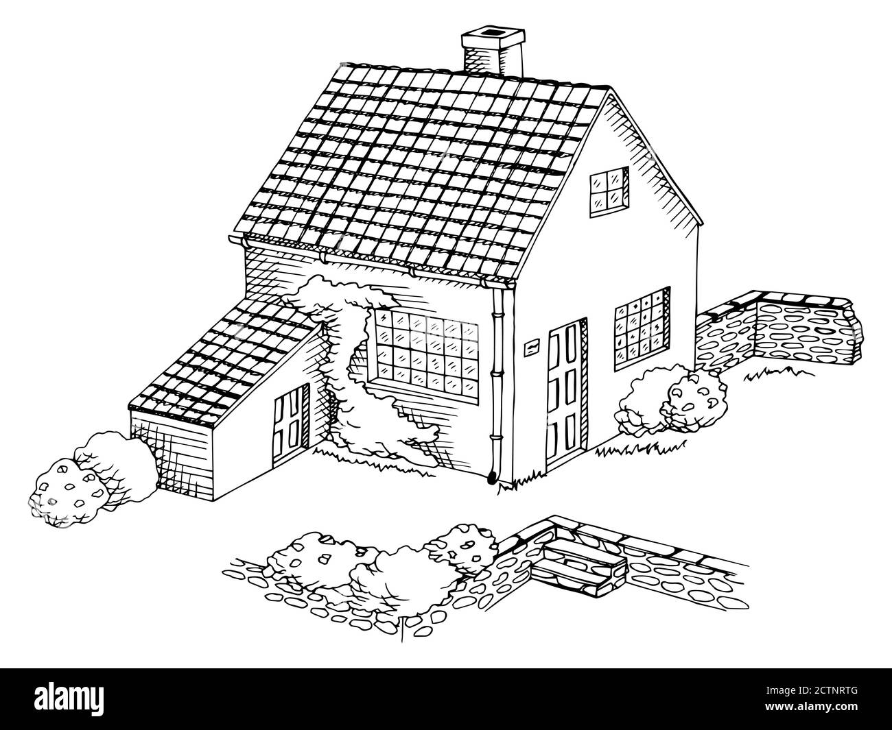 Village maison graphique art noir blanc paysage illustration vecteur Illustration de Vecteur