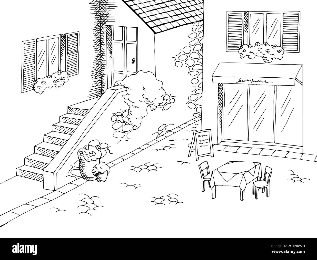 Ville ancienne cour cour café graphique art noir blanc illustration vecteur Illustration de Vecteur