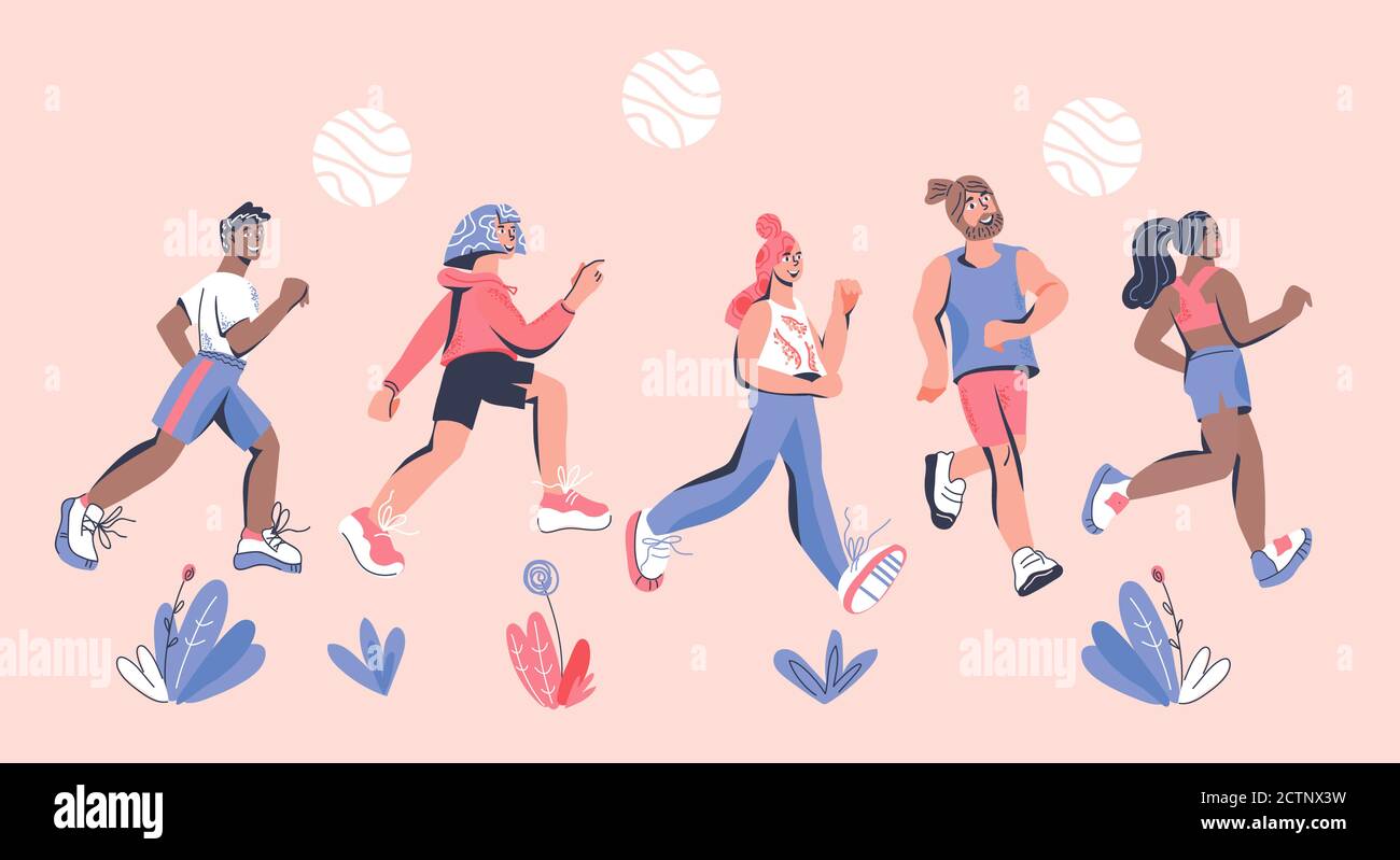 Bannière avec des marathoners qui font courir des gens sportifs. Illustration vectorielle de dessin animé. Illustration de Vecteur