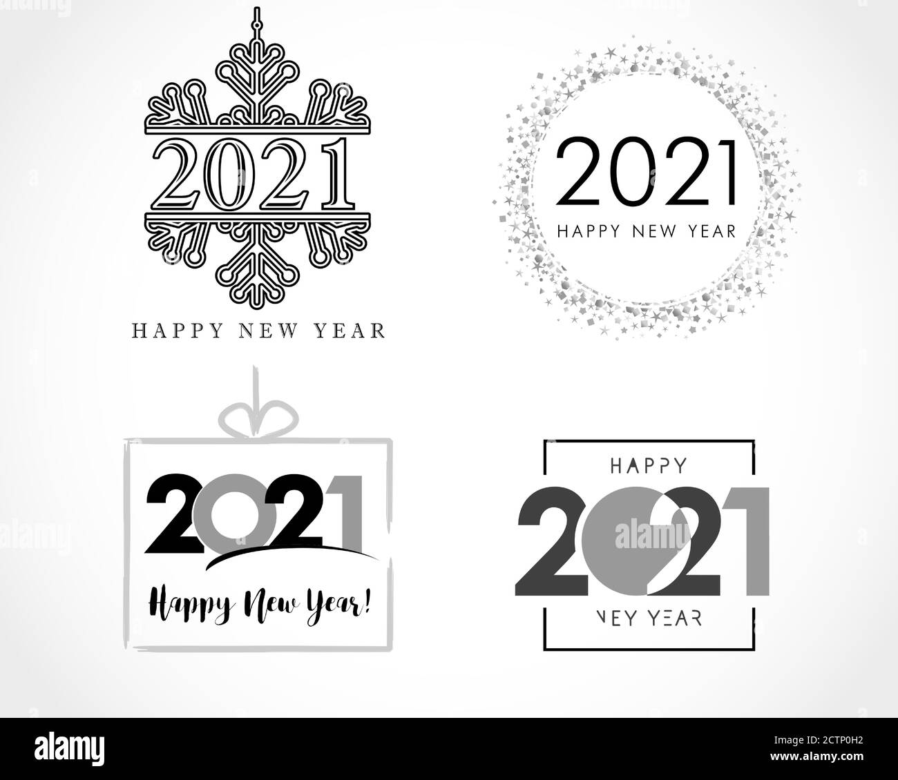 Grande collection de 2021 affiches du nouvel an heureux. Lot de 20 21 symboles nouvel an. Maquette de carte de vœux, modèle de brochure. Illustration vectorielle, couleurs noires Illustration de Vecteur