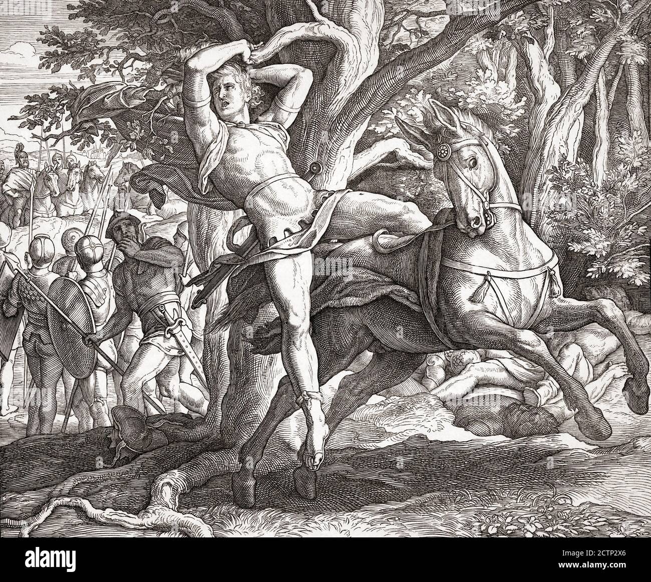 La mort d'Absalom pendant la bataille du Bois d'Éphraïm. Les cheveux d'Absalom ont été pris dans une branche d'arbre, il a été jeté de son cheval et ensuite tué par Joab. En apprenant sa mort, son père, David, roi d'Israël, fit son fameux lament, O Absalom, mon fils, mon fils! Après une gravure du graveur allemand Moritz Ferdinand Geringswald d'un tableau de l'artiste allemand Julius Schnoor von Carolsfeld Banque D'Images La mort d'Absalom pendant la bataille du Bois d'Éphraïm. Les cheveux d'Absalom ont été pris dans une branche d'arbre, il a été jeté de son cheval et ensuite tué par Joab. En apprenant sa mort, son père, David, roi d'Israël, fit son fameux lament, O Absalom, mon fils, mon fils! Après une gravure du graveur allemand Moritz Ferdinand Geringswald d'un tableau de l'artiste allemand Julius Schnoor von Carolsfeld Banque D'Images