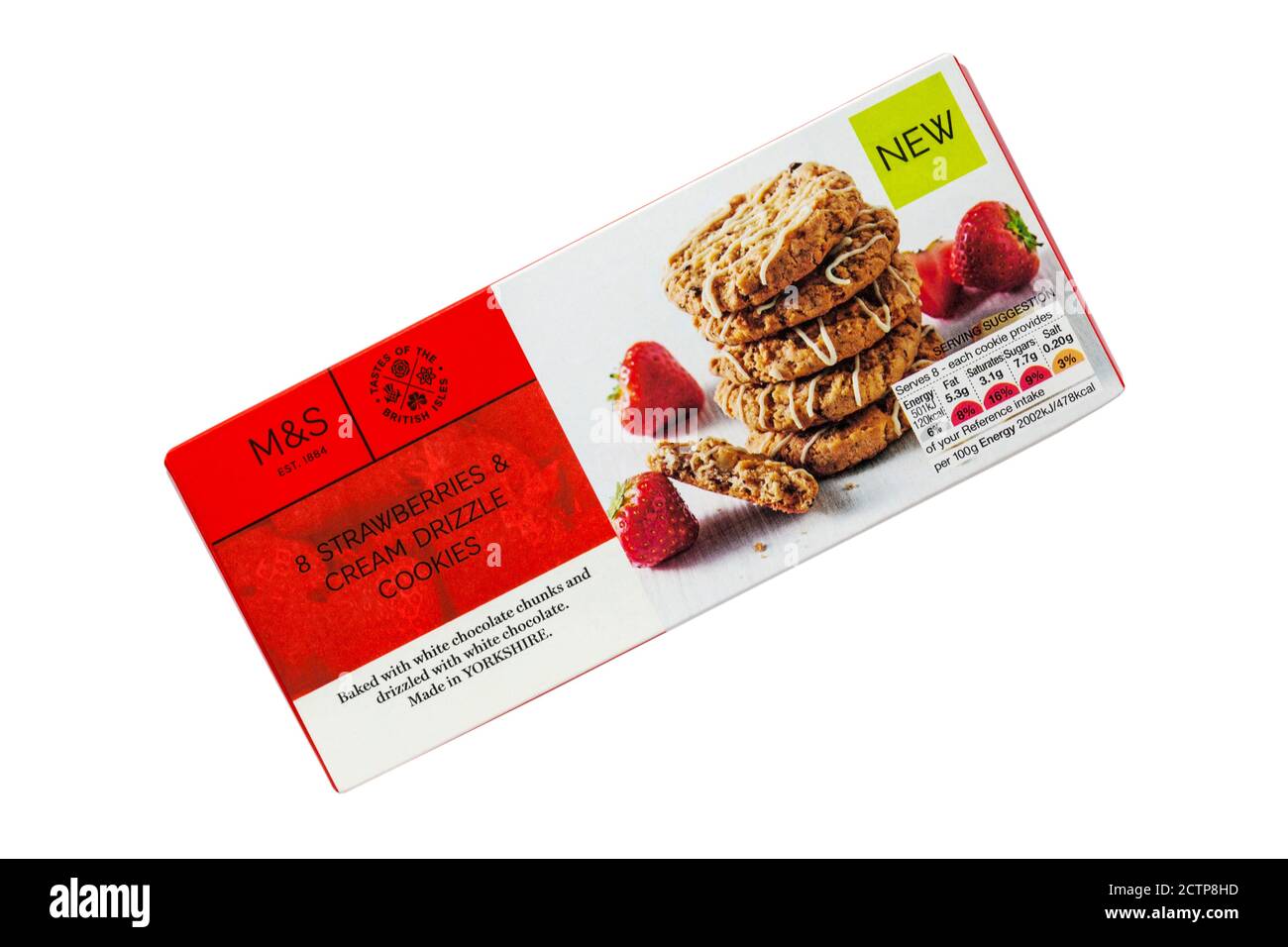 Sachet de M&S 8 fraises et crème arroser Cookies isolé sur fond blanc Banque D'Images