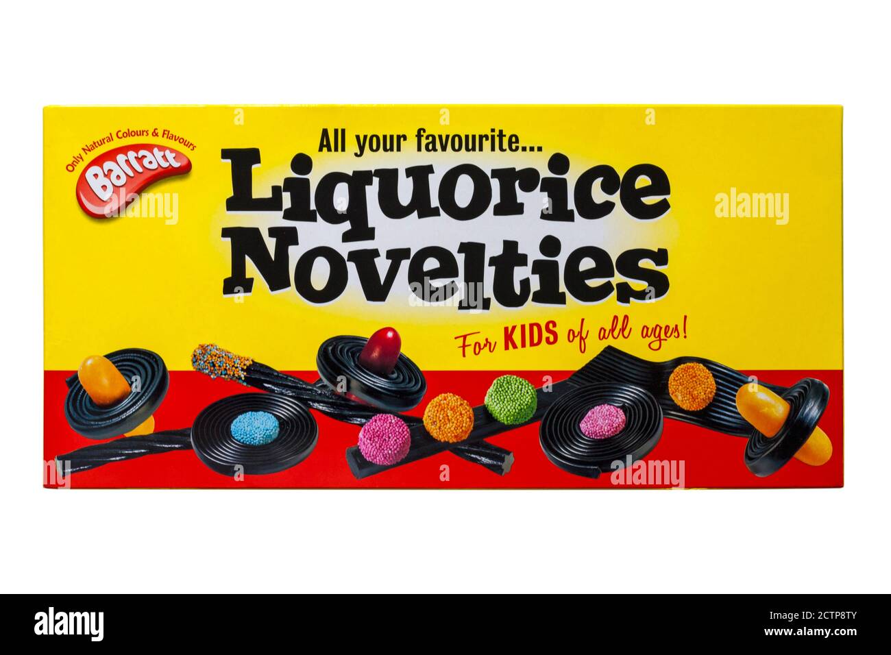 Boîte de toutes vos nouveautés préférées de Licorice pour les enfants de Tous les âges par Barratt isolé sur fond blanc - seulement couleurs et saveurs naturelles Banque D'Images
