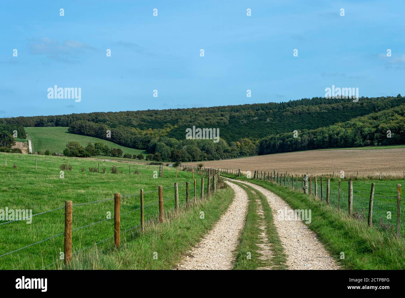 Piste de ferme et collines, campagne. Banque D'Images