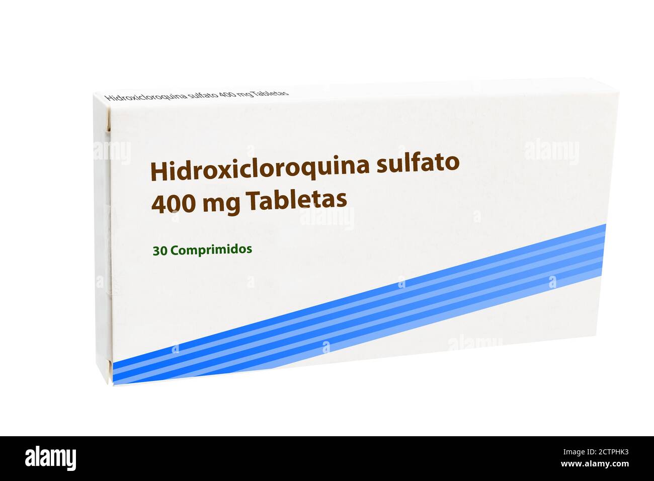 Boîte de comprimés de sulfate d'hydroxychloroquine 400 mg (rendu artistique). Texte en espagnol (Hidroxichloroquina sulfato 400 mg Tabletas) qui signifie hydroxy Banque D'Images