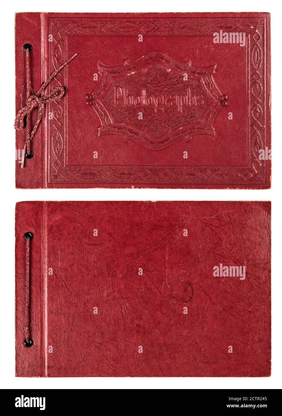 Couverture d'album photo en cuir rétro. Livre de photos anciennes sur fond blanc Banque D'Images