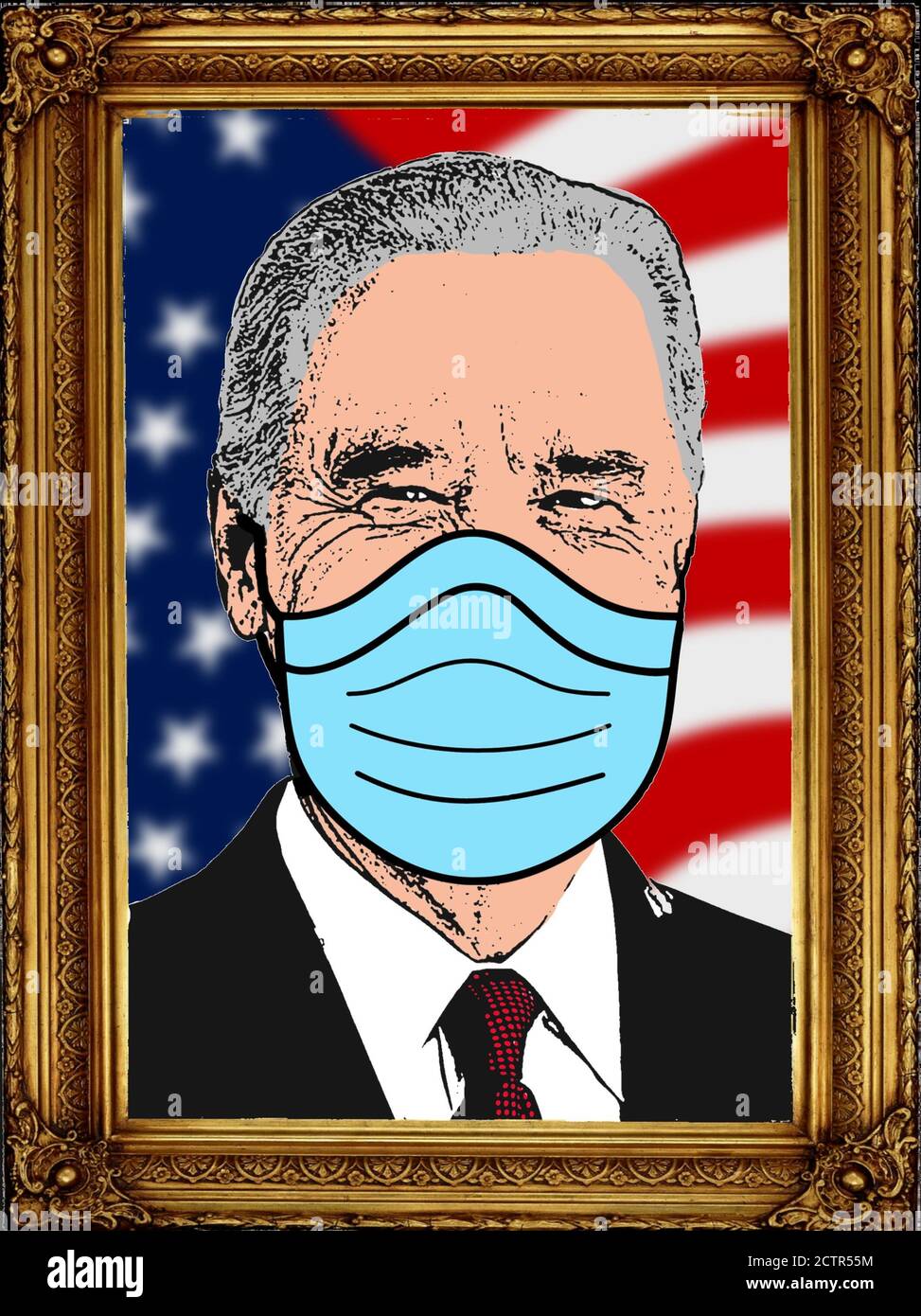 Dessin de Joe Biden portant un masque, illustration de Joe Biden dans un cadre luxueux de président, vainqueur des élections présidentielles, panic crisi Banque D'Images