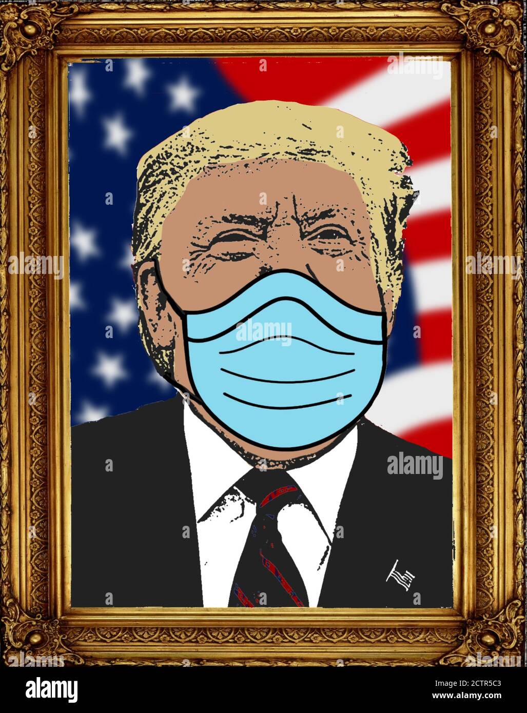 Dessin de Donald Trump portant un masque, illustration du président dans un cadre luxueux, portrait officiel du vainqueur de l'élection présidentielle Banque D'Images
