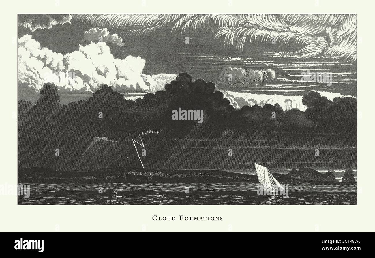 Historique Vintage, illustrant des phénomènes dans les nuages, la formation de nuages et la réfraction de lumière gravure Antique Illustration, publié en 1851 Banque D'Images