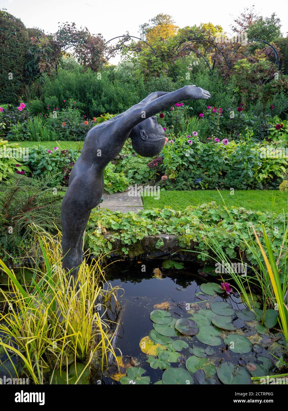 Chenies Manor Sunken Garden à la mi-septembre 2020. Étang de Lily avec 'The Diver', sculpture d'Alan Biggs. Couches d'intérêt, vignes et arbustes, dahlias. Banque D'Images