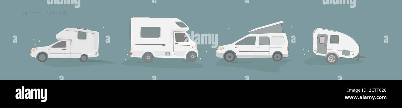 Bannière d'arrière-plan Vector avec caravanes de camping-car, voyage mobile home, caravane. Illustration de Vecteur