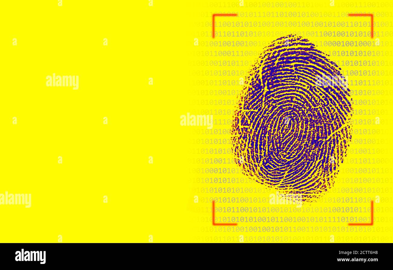 Empreinte digitale par rapport aux nombres binaires sur fond jaune Banque D'Images