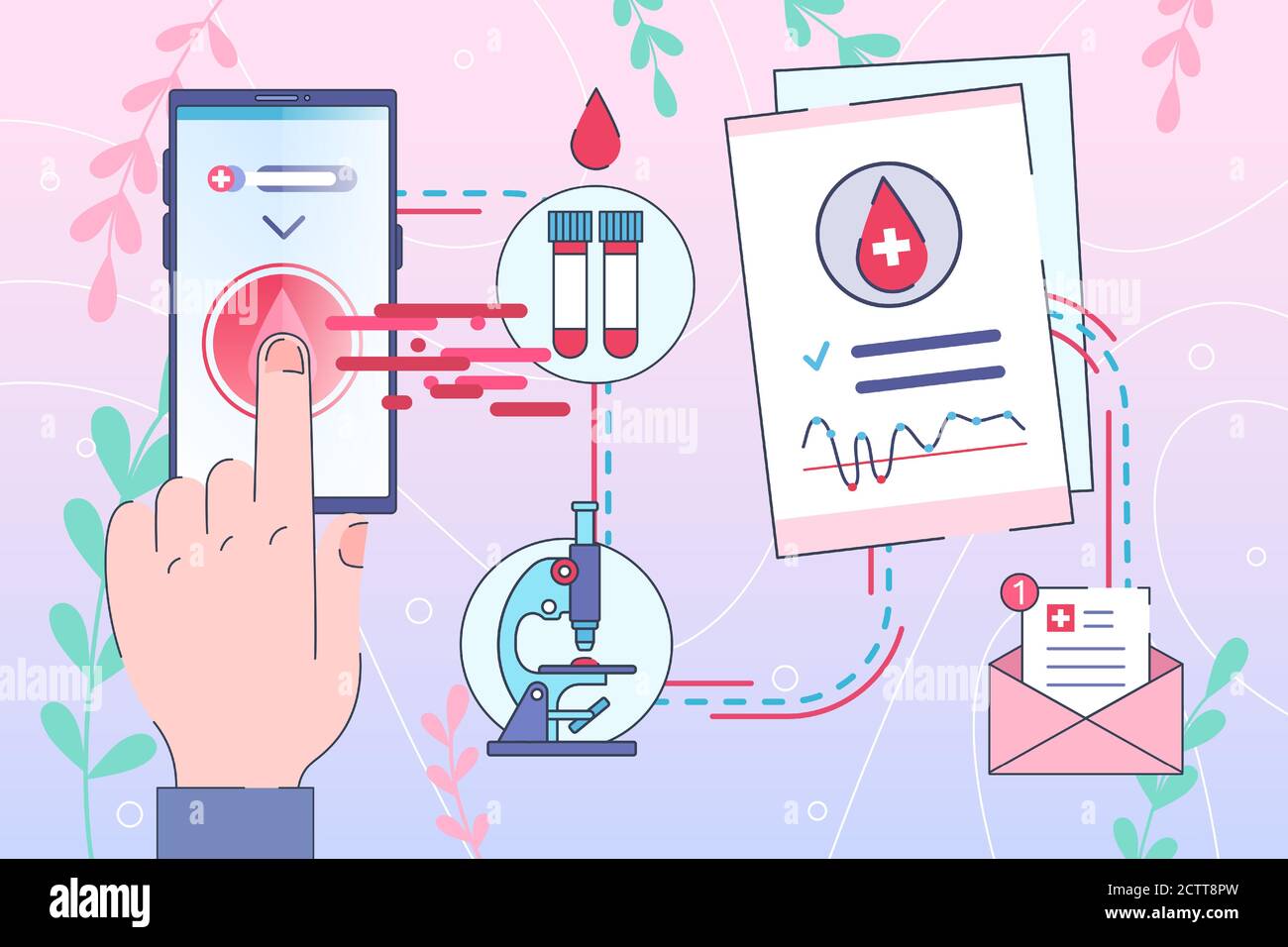 Diagnostic en ligne par smartphone. Recevez les résultats du test sanguin par e-mail. Médecine du futur, télémédecine - infographie Illustration de Vecteur Diagnostic en ligne par smartphone. Recevez les résultats du test sanguin par e-mail. Médecine du futur, télémédecine - infographie Illustration de Vecteur