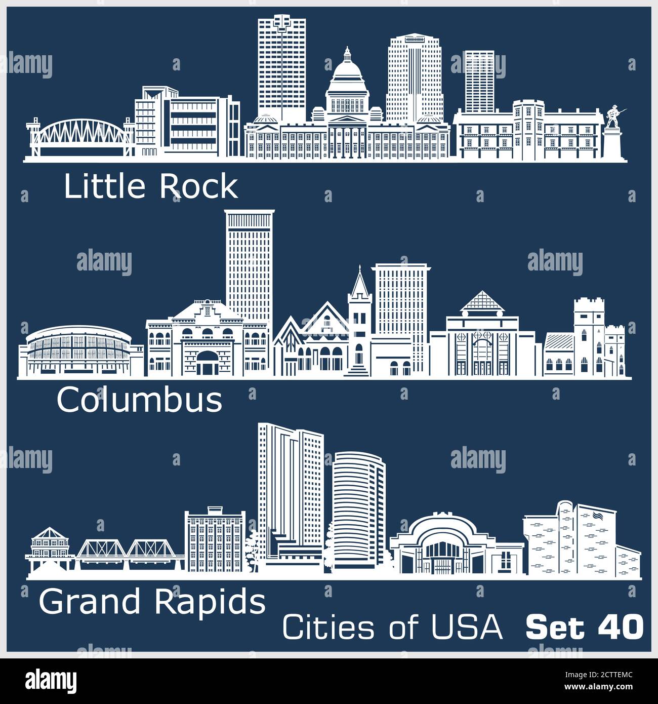 Villes des États-Unis - Grand Rapids, Columbus, Little Rock. Architecture détaillée. Illustration vectorielle tendance. Illustration de Vecteur