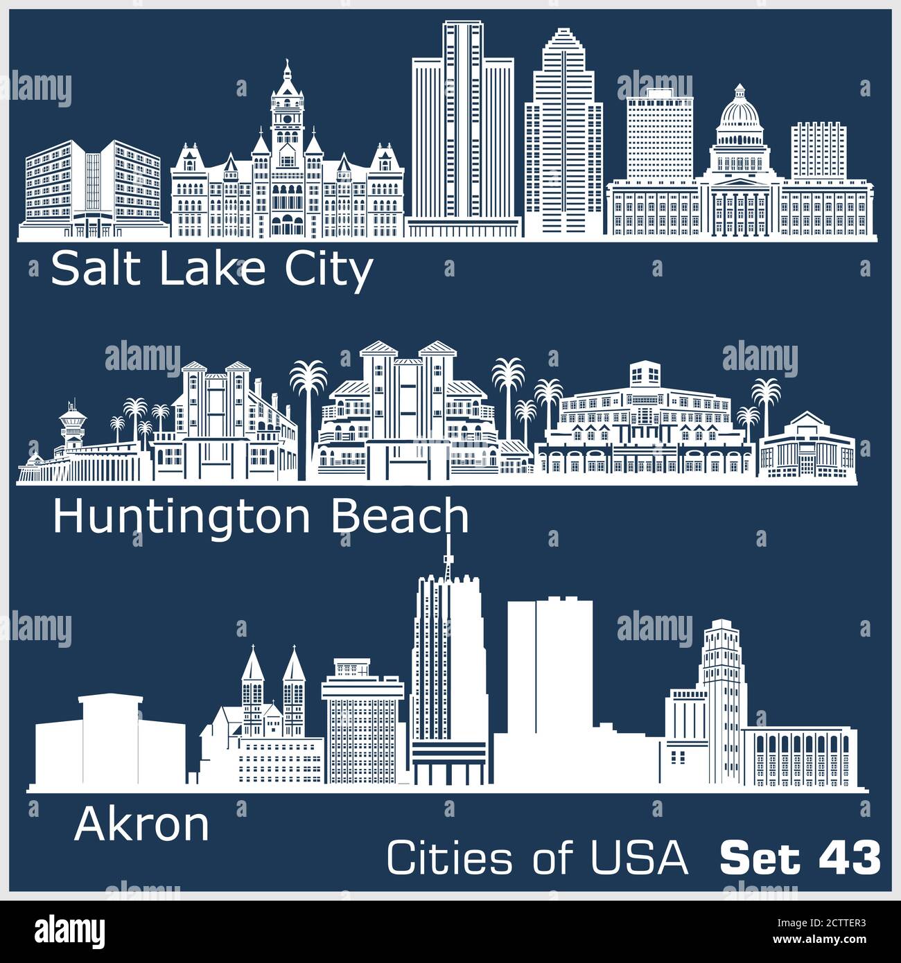 Villes des États-Unis - Huntington Beach, Salt Lake City, Akron. Architecture détaillée. Illustration vectorielle tendance. Illustration de Vecteur