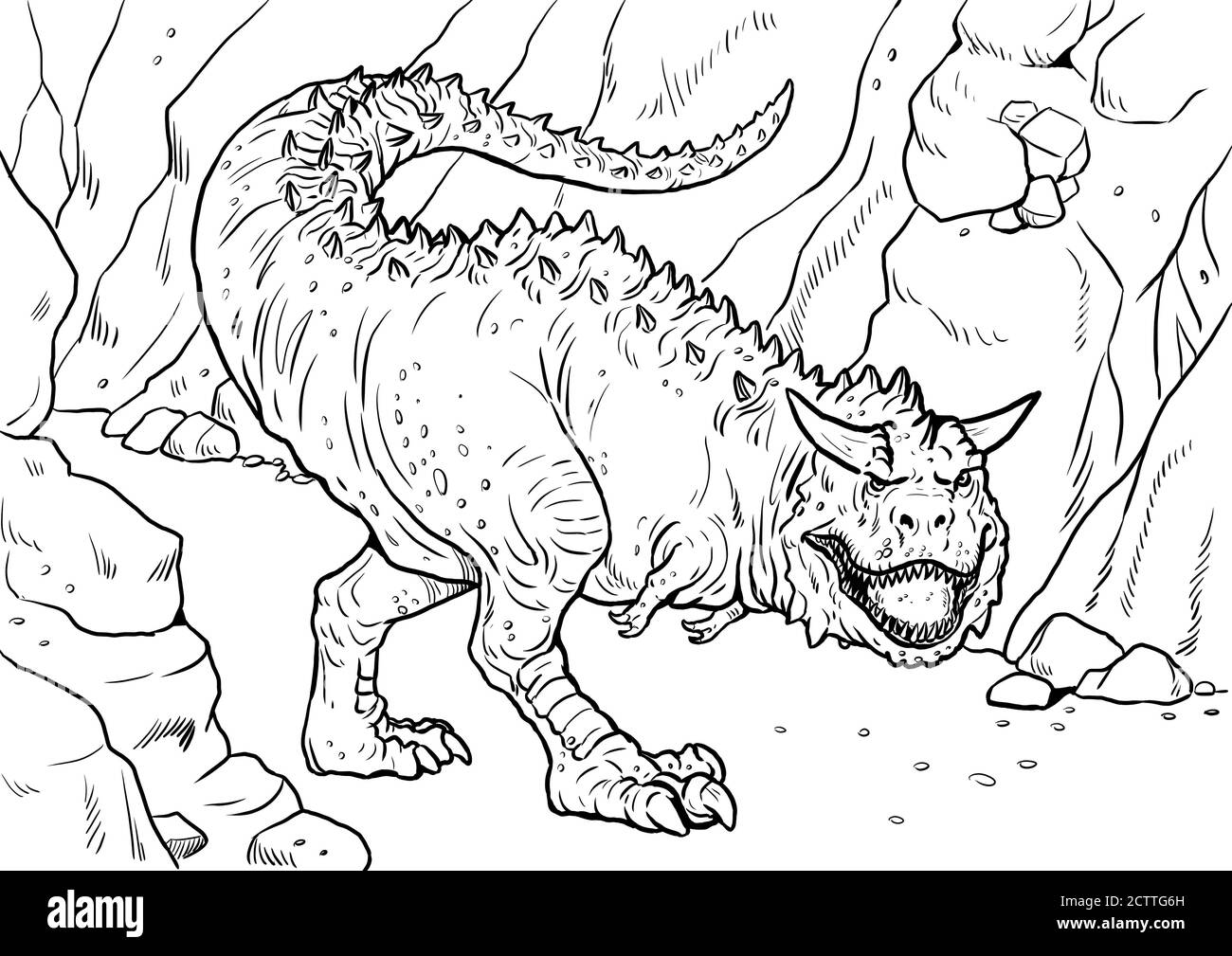 Dinosaure dangereux - Carnotaurus. Dessin isolé Dino. Modèle de cahier de coloriage. Banque D'Images