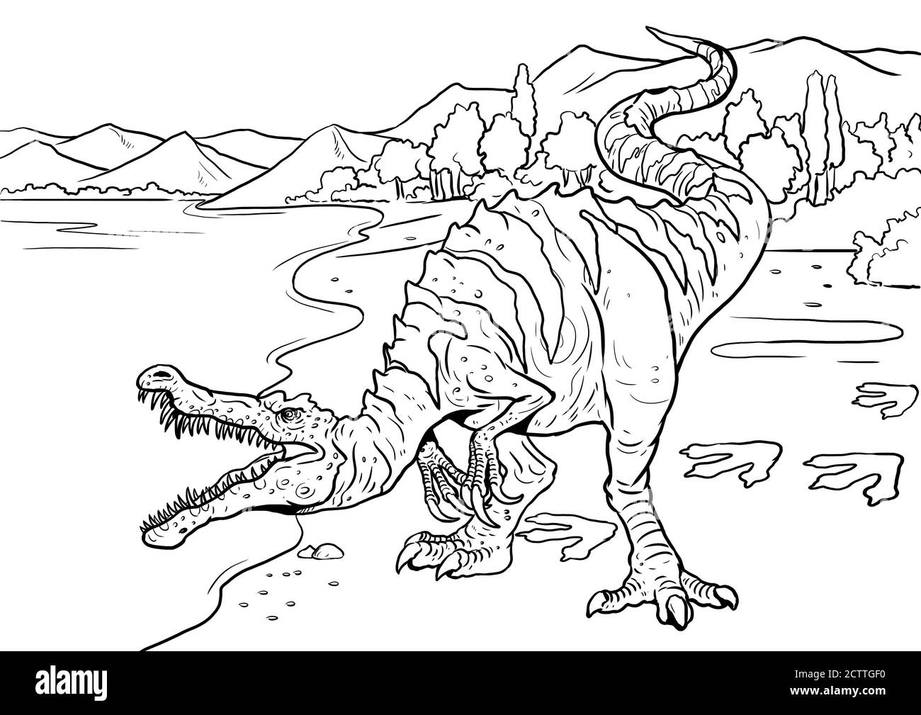 Dinosaure carnivore - Baryonyx. Dessin isolé Dino Attack. Page de coloriage pour les enfants et les adultes. Modèle de cahier de coloriage. Banque D'Images