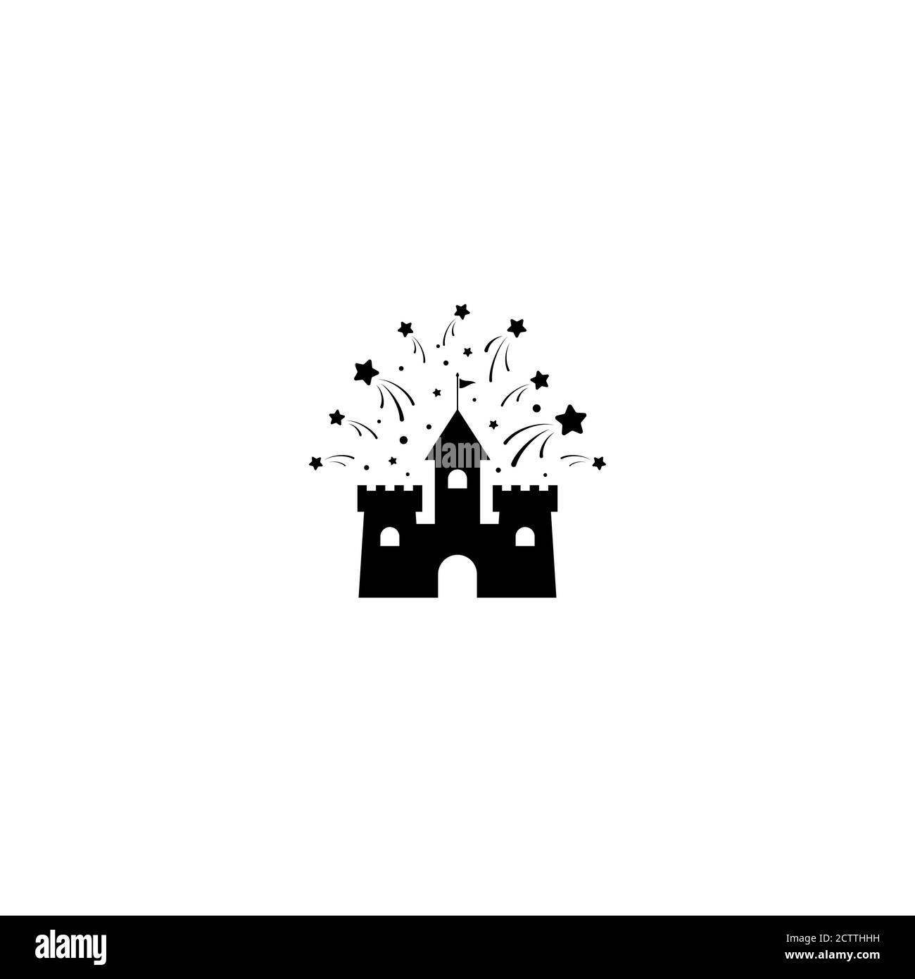 Château avec étoiles ou icône feux d'artifice. Tour, forteresse. Conte de fées, magie, logo fantaisie. Vacances. Illustrarion vectoriel isolé sur blanc Illustration de Vecteur