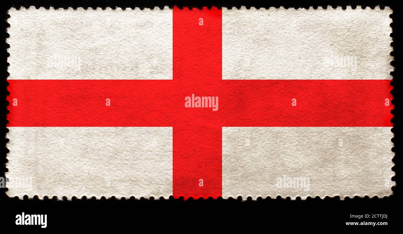 Drapeau anglais sur l'ancien timbre-poste de grunge isolé sur fond noir. Croix rouge sur fond blanc Banque D'Images