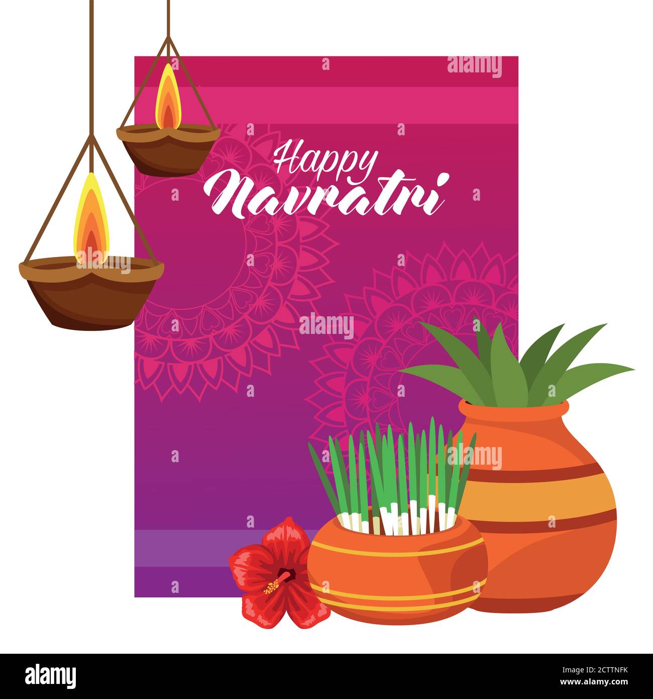 carte de célébration happy navratri avec illustrations vectorielles de plantes de maison et de bougies conception Illustration de Vecteur