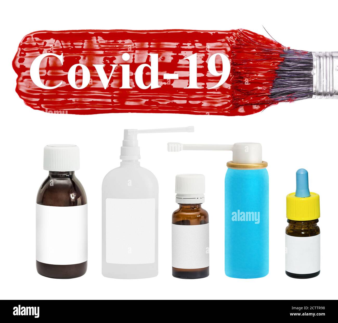 L'inscription Covid-19, coronavirus chinois. Peinture rouge. Médicaments, sprays, gouttes, potions. Isolé sur un blanc. Banque D'Images